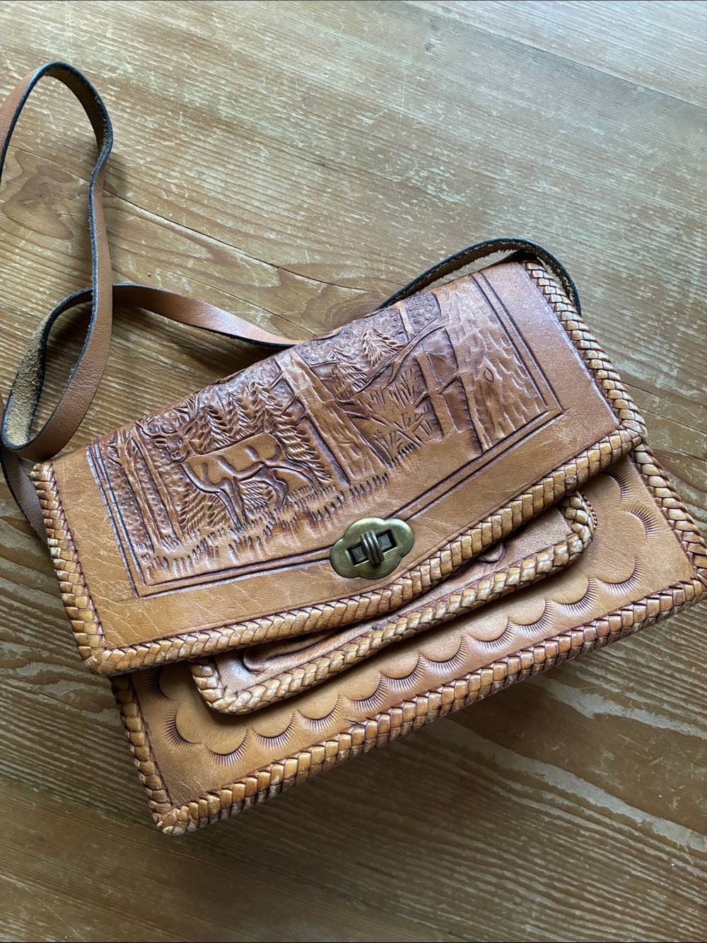 Vintage Tooled Leather Deer Theme Shoulder Bag - Needs Repair